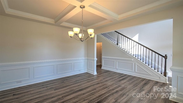 unfurnished dining area with dark wood-type flooring, coffered ceiling, an inviting chandelier, and beamed ceiling