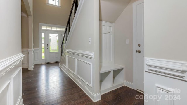 entrance foyer with a wealth of natural light, dark wood-type flooring, and lofted ceiling