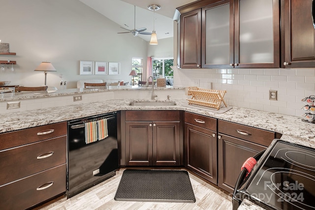 kitchen featuring range, dishwasher, light hardwood / wood-style floors, sink, and lofted ceiling