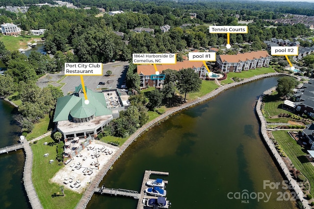 drone / aerial view featuring a water view