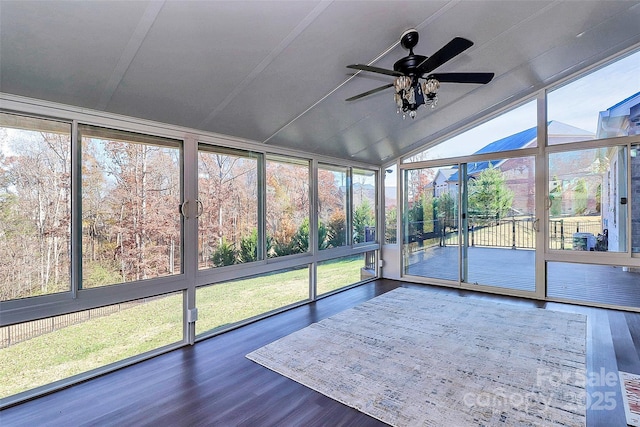 unfurnished sunroom featuring plenty of natural light and ceiling fan