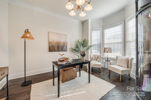 office area featuring an inviting chandelier, crown molding, baseboards, and wood finished floors