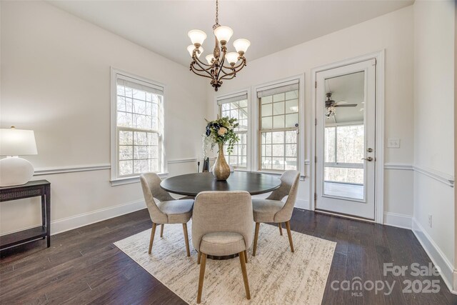 dining area with a healthy amount of sunlight, dark wood-style floors, and baseboards