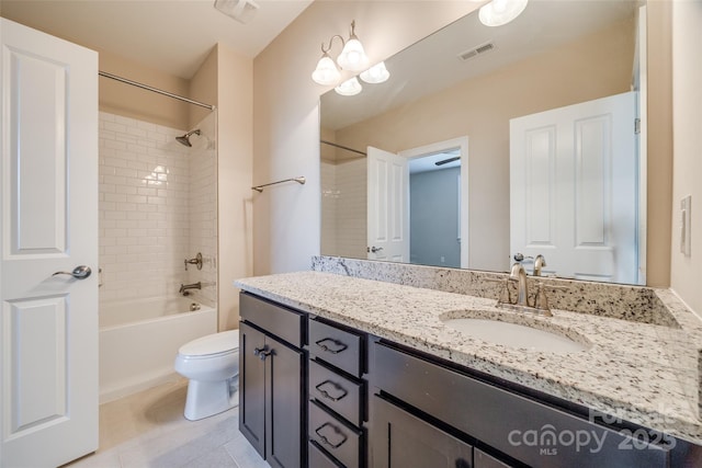 full bath with toilet, visible vents, shower / bathing tub combination, and vanity