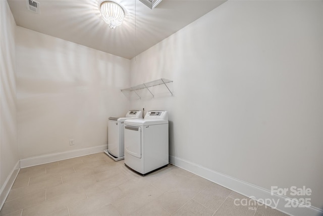 laundry room with laundry area, baseboards, visible vents, and independent washer and dryer