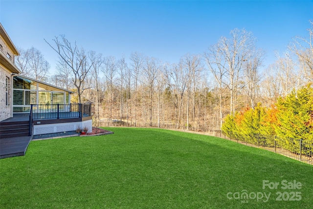 view of yard with fence and a wooden deck