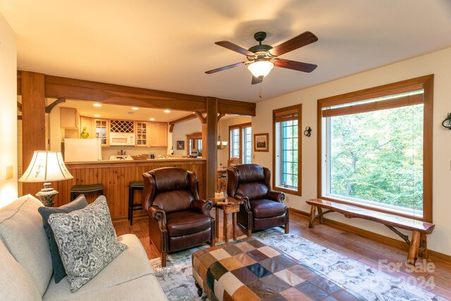 living room with wood-type flooring and ceiling fan