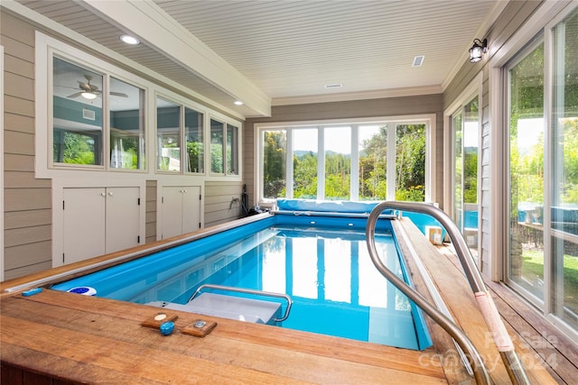 view of pool featuring an indoor hot tub and ceiling fan