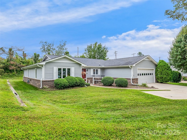 single story home with brick siding, an attached garage, concrete driveway, and a front yard