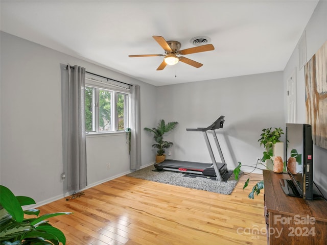 exercise area featuring light wood-type flooring and ceiling fan