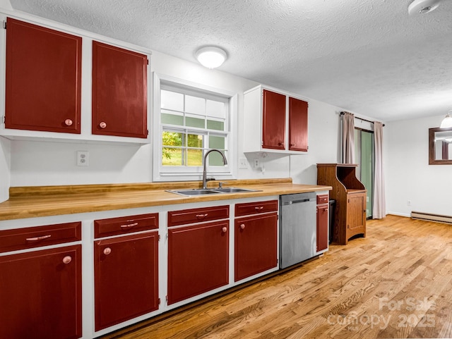 kitchen with dishwasher, sink, a textured ceiling, a baseboard radiator, and light hardwood / wood-style floors