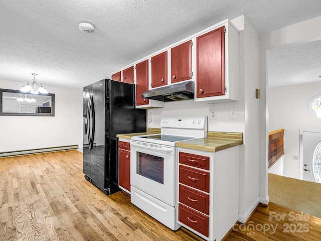 kitchen featuring a notable chandelier, white range with electric stovetop, black fridge with ice dispenser, and a textured ceiling