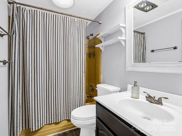 full bathroom featuring vanity, a textured ceiling, hardwood / wood-style flooring, shower / bathtub combination with curtain, and toilet