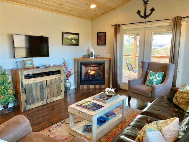 living room featuring vaulted ceiling, dark wood-type flooring, wood ceiling, and french doors