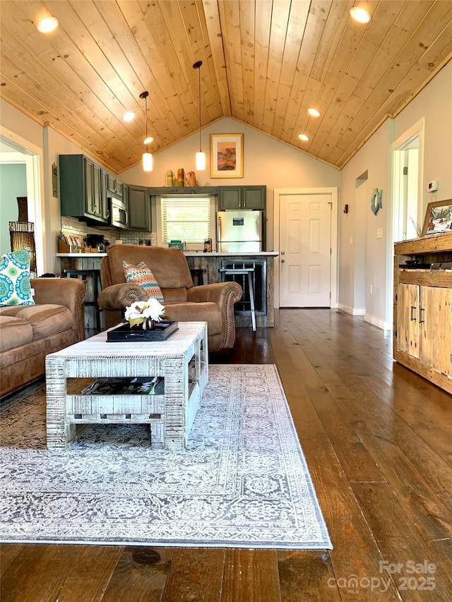 living room with lofted ceiling, wood ceiling, and dark hardwood / wood-style floors