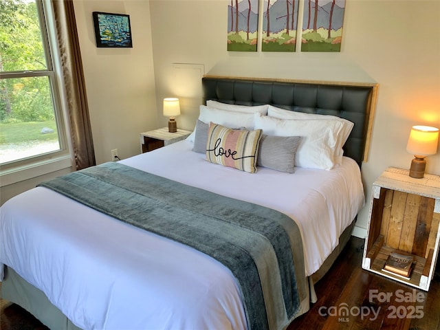 bedroom with dark hardwood / wood-style floors