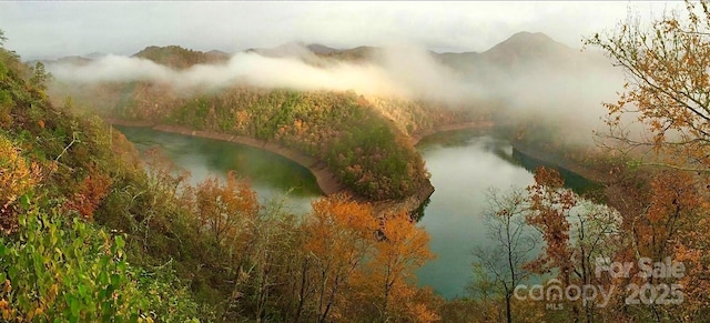 aerial view featuring a water and mountain view