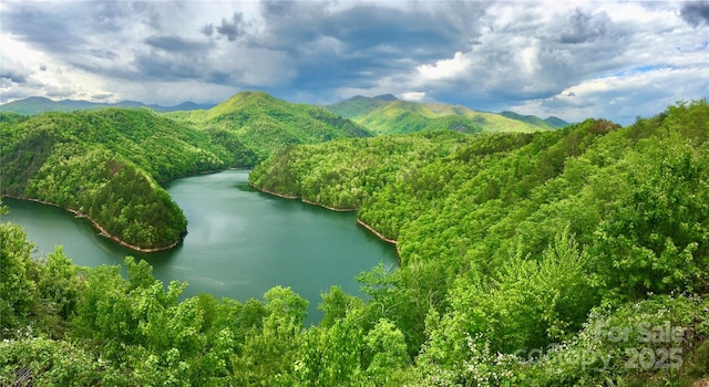 aerial view featuring a water and mountain view