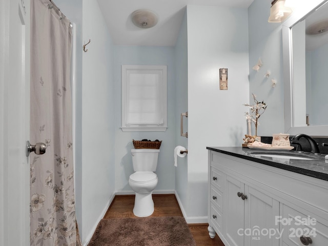 bathroom with vanity, toilet, and hardwood / wood-style floors