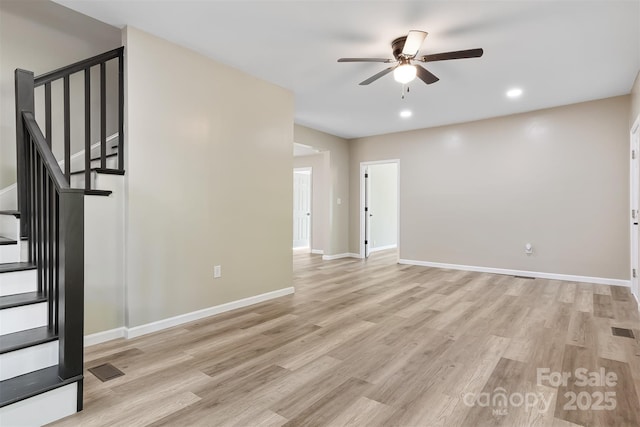 unfurnished living room featuring light hardwood / wood-style floors and ceiling fan