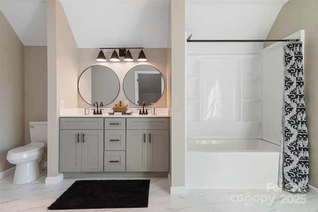 bathroom featuring a shower with curtain, toilet, lofted ceiling, and vanity