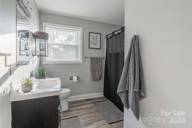 bathroom featuring crown molding, hardwood / wood-style floors, toilet, vanity, and a textured ceiling