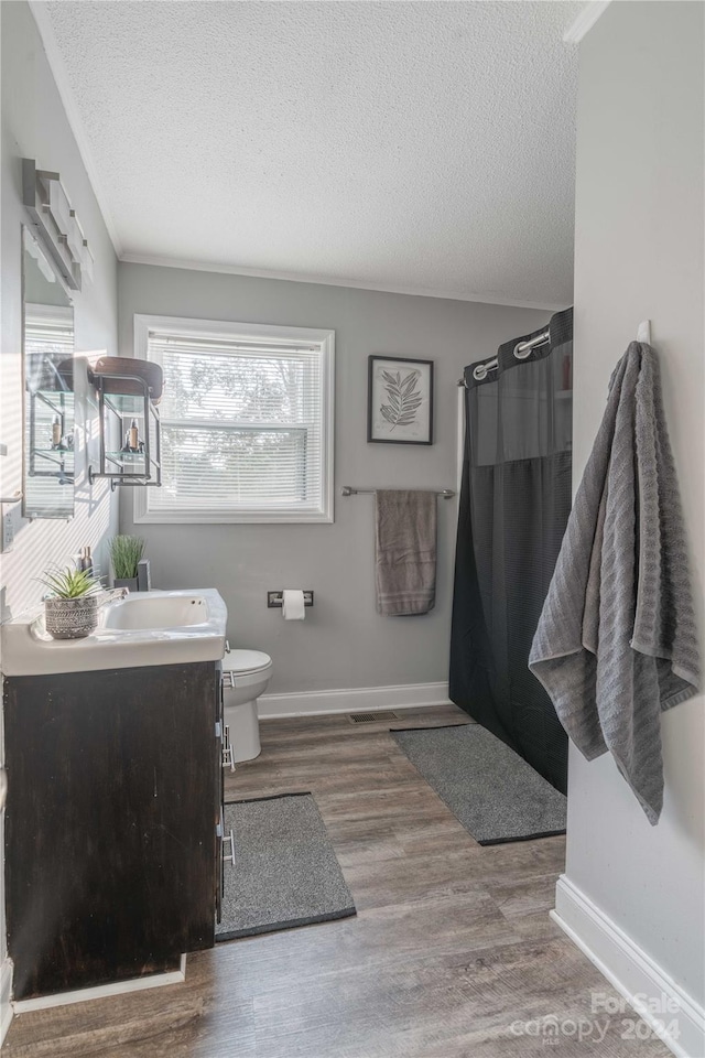 bathroom featuring a textured ceiling, vanity, toilet, and wood-type flooring