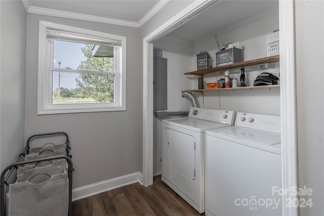 clothes washing area featuring electric panel, dark hardwood / wood-style flooring, washer and clothes dryer, and ornamental molding