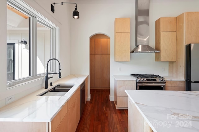 kitchen featuring dark hardwood / wood-style floors, appliances with stainless steel finishes, sink, light stone counters, and wall chimney range hood