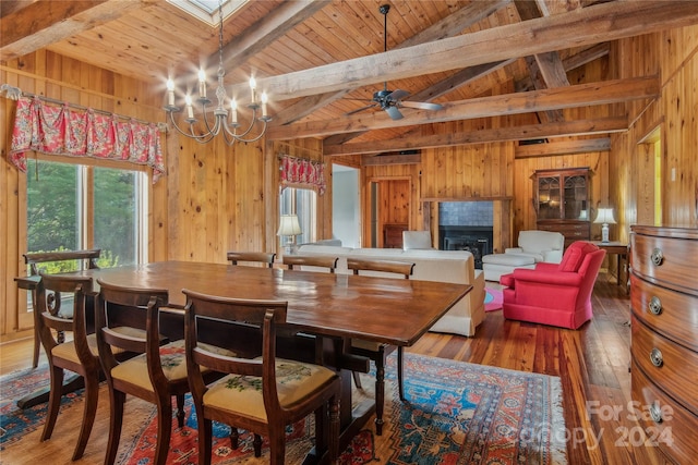 dining space with wood ceiling, wood walls, dark hardwood / wood-style floors, and ceiling fan with notable chandelier