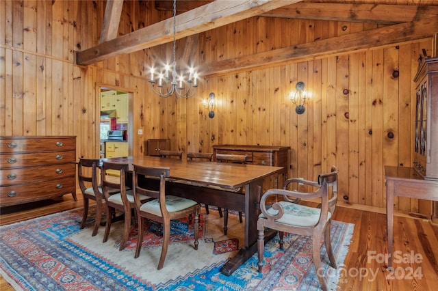 dining area with lofted ceiling with beams, wood-type flooring, a chandelier, and wooden walls