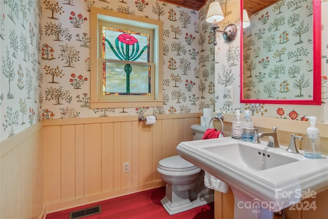 bathroom with toilet, sink, and wood-type flooring