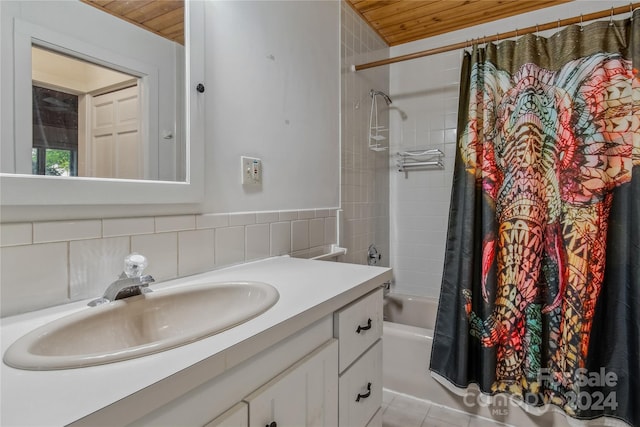 bathroom featuring vanity, shower / tub combo with curtain, backsplash, and wooden ceiling