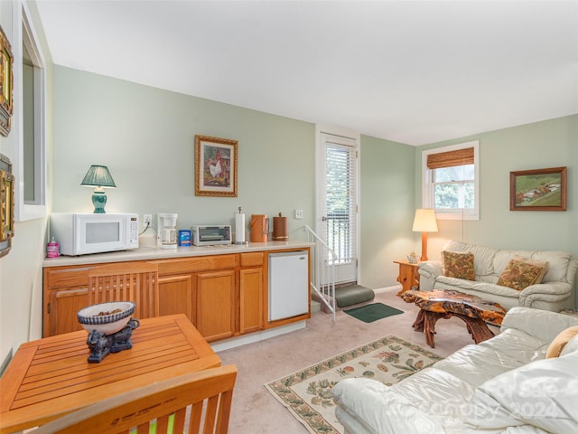 living room with light colored carpet