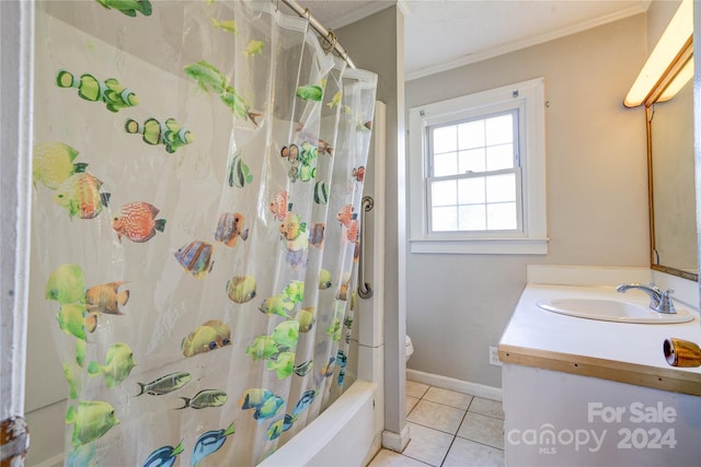 full bathroom featuring tile patterned flooring, toilet, shower / bathtub combination with curtain, ornamental molding, and vanity