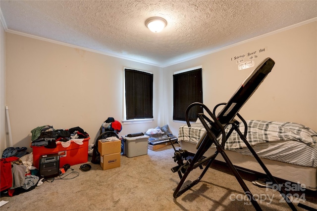 workout area with a textured ceiling, ornamental molding, and carpet flooring