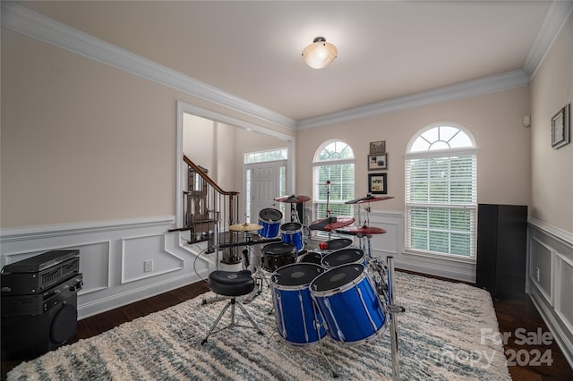 recreation room featuring ornamental molding and dark hardwood / wood-style floors