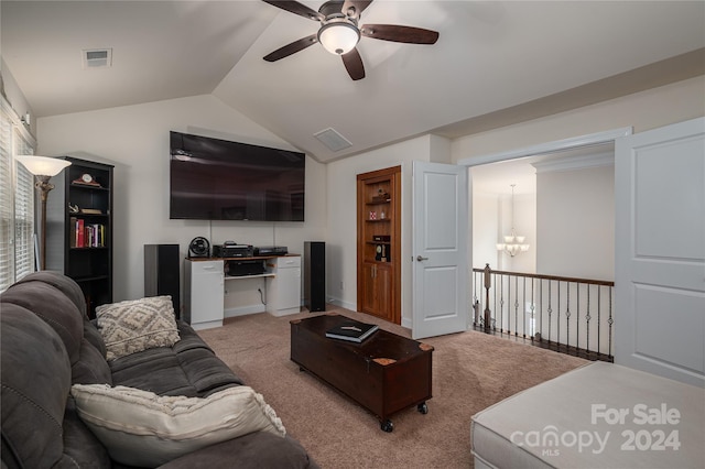 living room featuring lofted ceiling, ceiling fan with notable chandelier, and light carpet