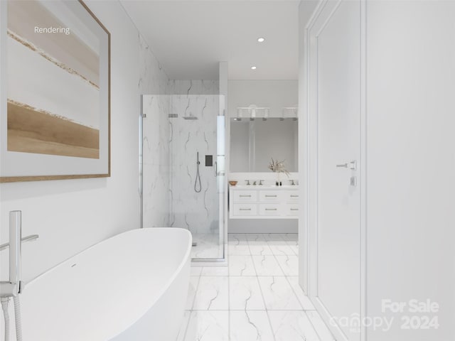 bathroom featuring vanity and shower with separate bathtub