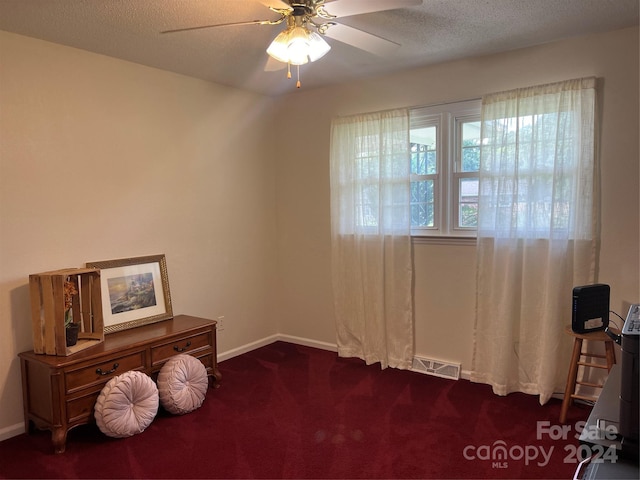 miscellaneous room with visible vents, a ceiling fan, a textured ceiling, carpet, and baseboards