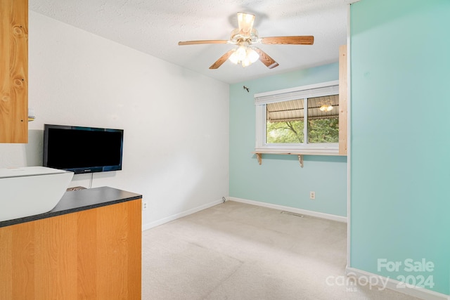 unfurnished office with a textured ceiling, light carpet, and ceiling fan