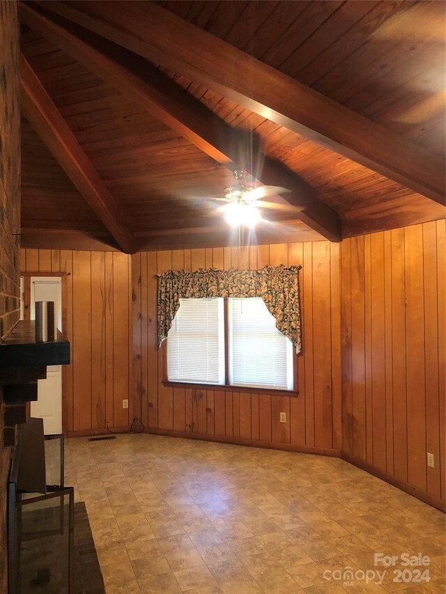 unfurnished living room featuring wood ceiling, wood walls, ceiling fan, and lofted ceiling with beams