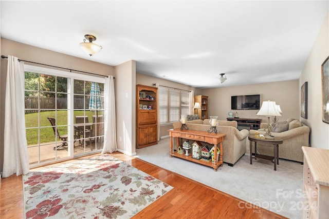 living room with a wealth of natural light and hardwood / wood-style flooring