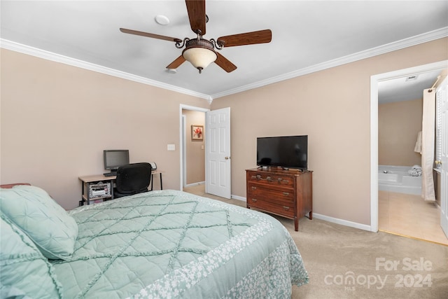 bedroom with ceiling fan, ornamental molding, light carpet, and ensuite bathroom