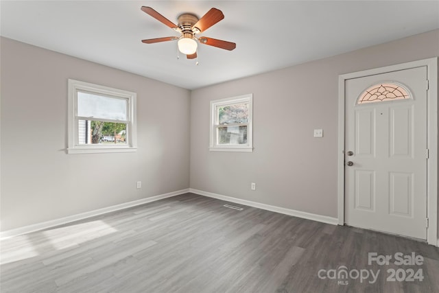 entrance foyer featuring ceiling fan and hardwood / wood-style flooring