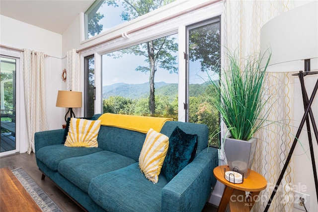 living room featuring a wealth of natural light, a mountain view, vaulted ceiling, and hardwood / wood-style flooring