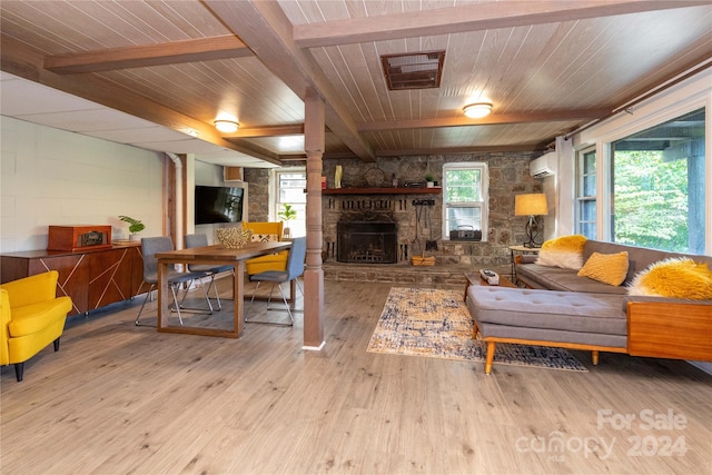 living room featuring a wall unit AC, a fireplace, wood ceiling, light hardwood / wood-style floors, and beamed ceiling