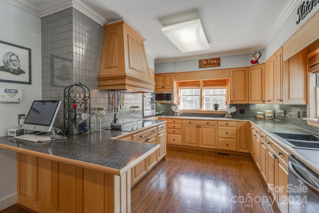 kitchen with kitchen peninsula, appliances with stainless steel finishes, dark hardwood / wood-style flooring, ornamental molding, and light brown cabinetry