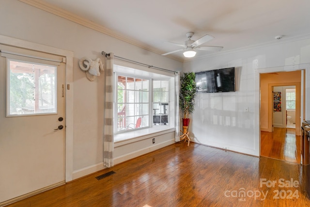 interior space with ornamental molding, a wealth of natural light, ceiling fan, and wood-type flooring