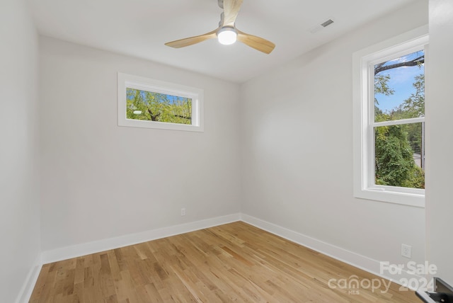 empty room featuring ceiling fan, plenty of natural light, and light wood-type flooring